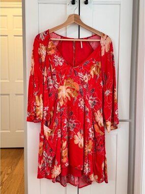 Free People Dress Womens Size 2 / Small Eyes on You Floral Print Red Poppy